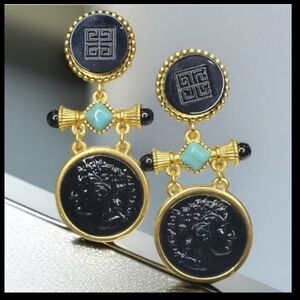 Gold Byzantine Onyx Glass Intaglio Coin Turquoise Cabochon Dangle Earrings